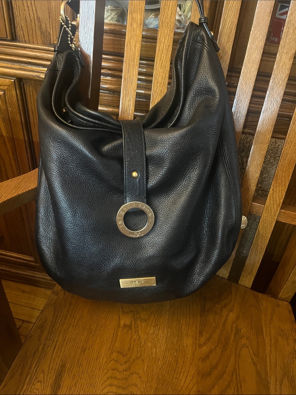 Black Leather Shoulder Hobo with Gold Ring Accent by Nine West